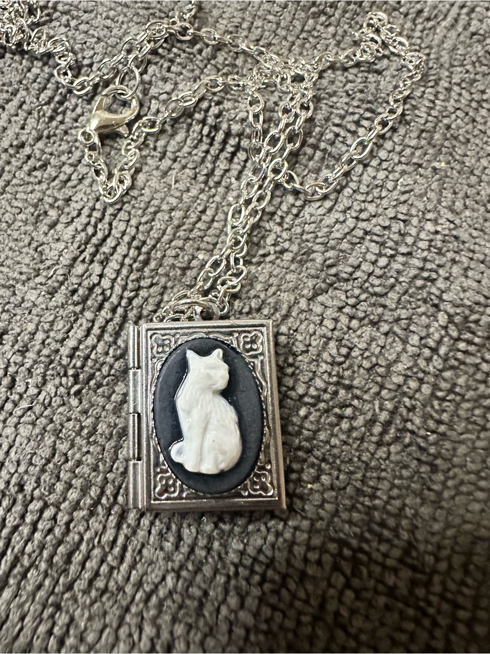 Silver-Tone Cat Cameo Locket Necklace in Black and White